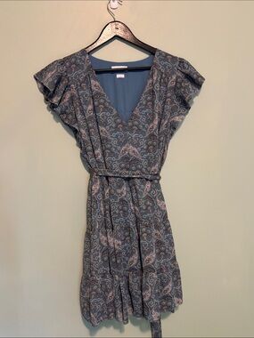 Aritzia Little Moon Blue Paisley V-Neck Flutter Sleeve Dress (Size L)